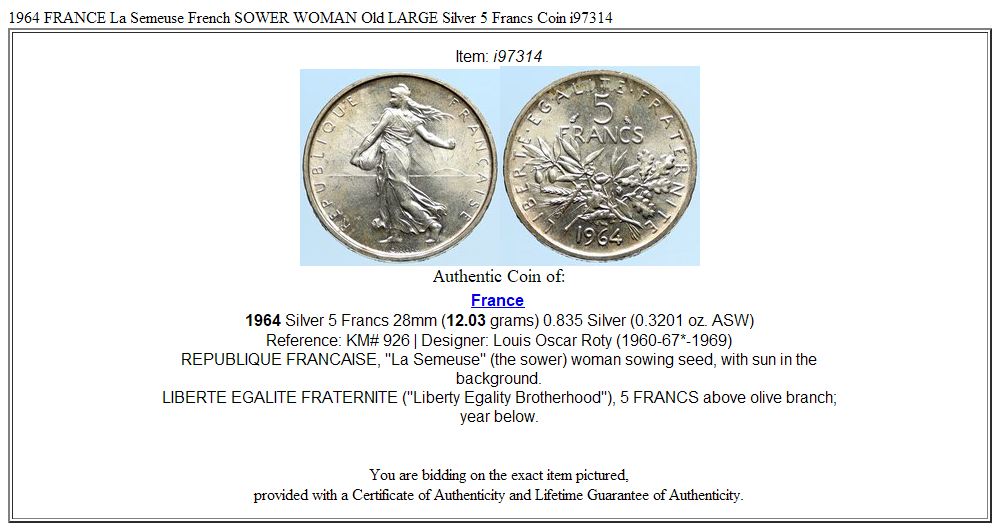 1964 FRANCE La Semeuse French SOWER WOMAN Old LARGE Silver 5 Francs Coin i97314