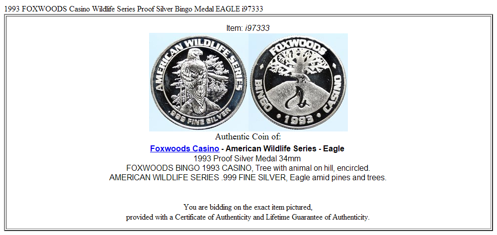 1993 FOXWOODS Casino Wildlife Series Proof Silver Bingo Medal EAGLE i97333