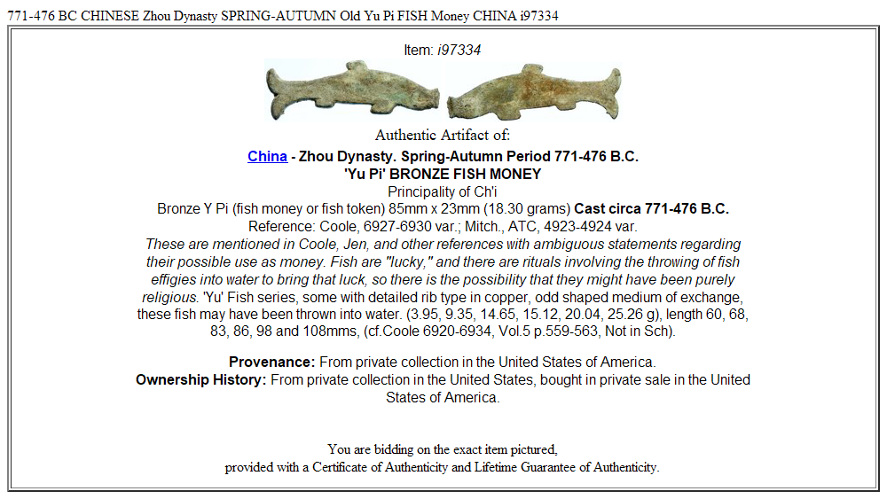 771-476 BC CHINESE Zhou Dynasty SPRING-AUTUMN Old Yu Pi FISH Money CHINA i97334