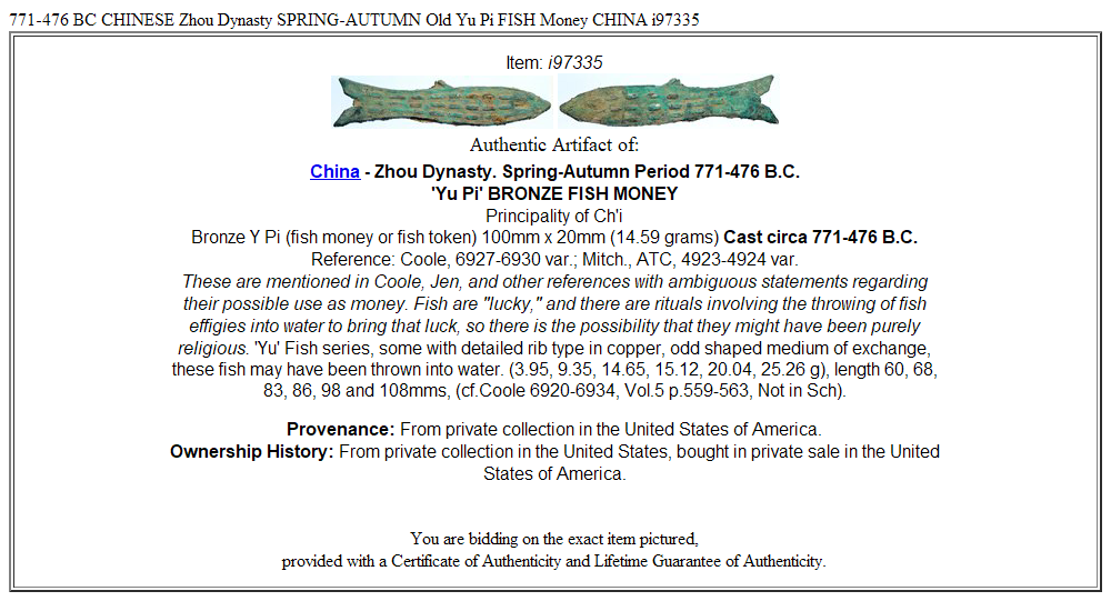 771-476 BC CHINESE Zhou Dynasty SPRING-AUTUMN Old Yu Pi FISH Money CHINA i97335