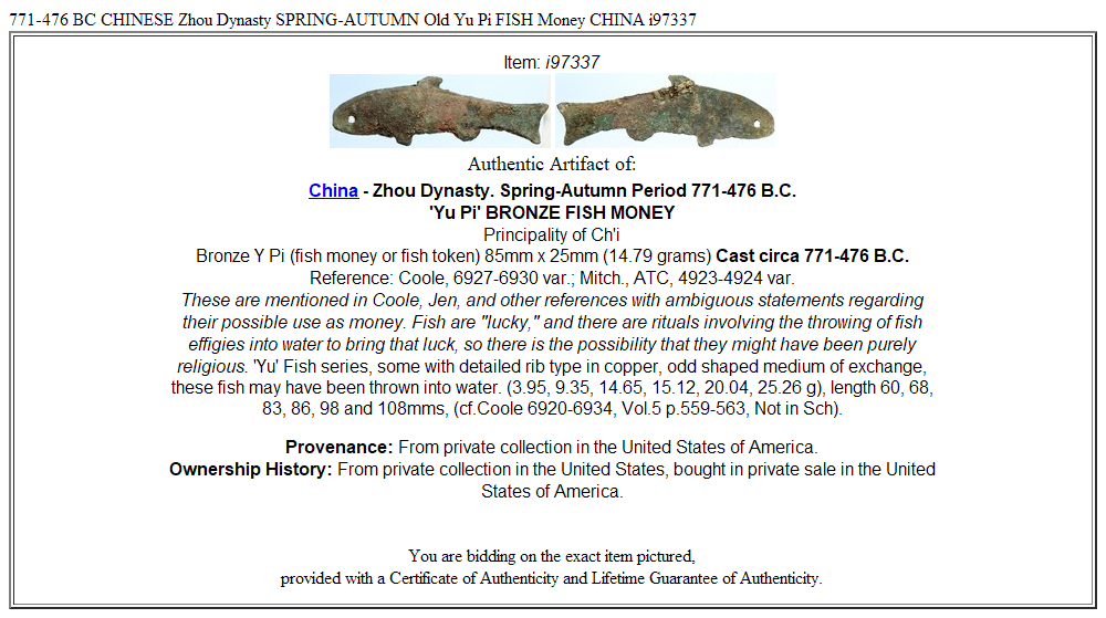 771-476 BC CHINESE Zhou Dynasty SPRING-AUTUMN Old Yu Pi FISH Money CHINA i97337