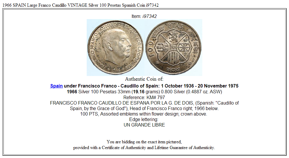 1966 SPAIN Large Franco Caudillo VINTAGE Silver 100 Pesetas Spanish Coin i97342