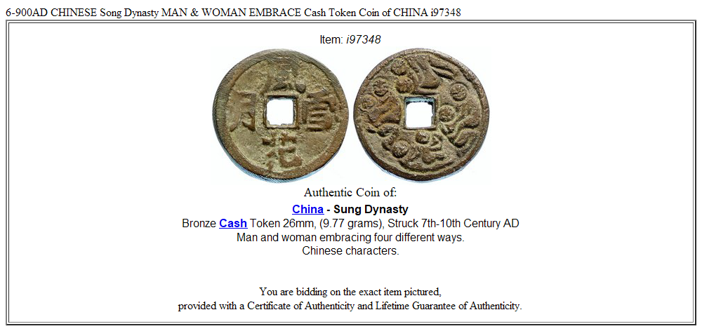 6-900AD CHINESE Song Dynasty MAN & WOMAN EMBRACE Cash Token Coin of CHINA i97348