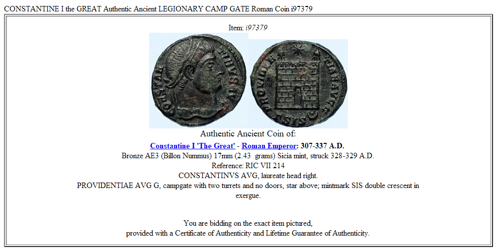 CONSTANTINE I the GREAT Authentic Ancient LEGIONARY CAMP GATE Roman Coin i97379