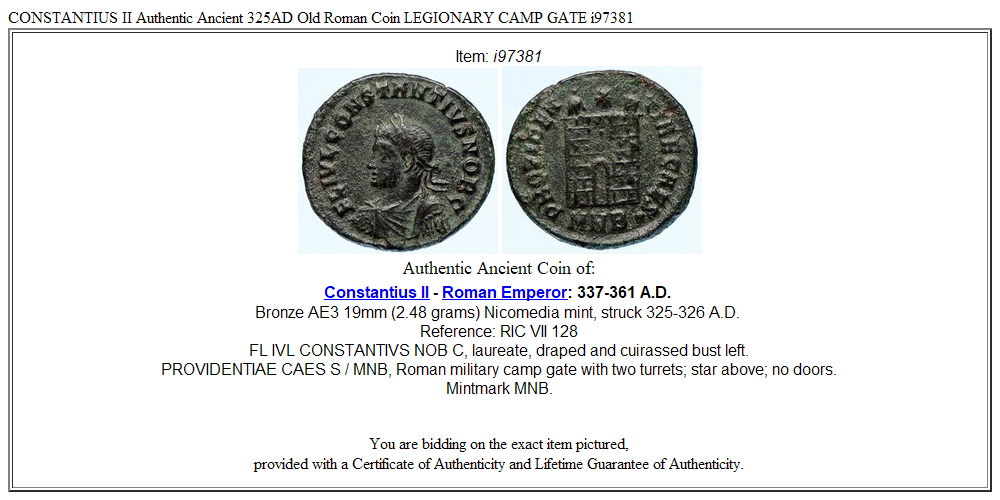 CONSTANTIUS II Authentic Ancient 325AD Old Roman Coin LEGIONARY CAMP GATE i97381