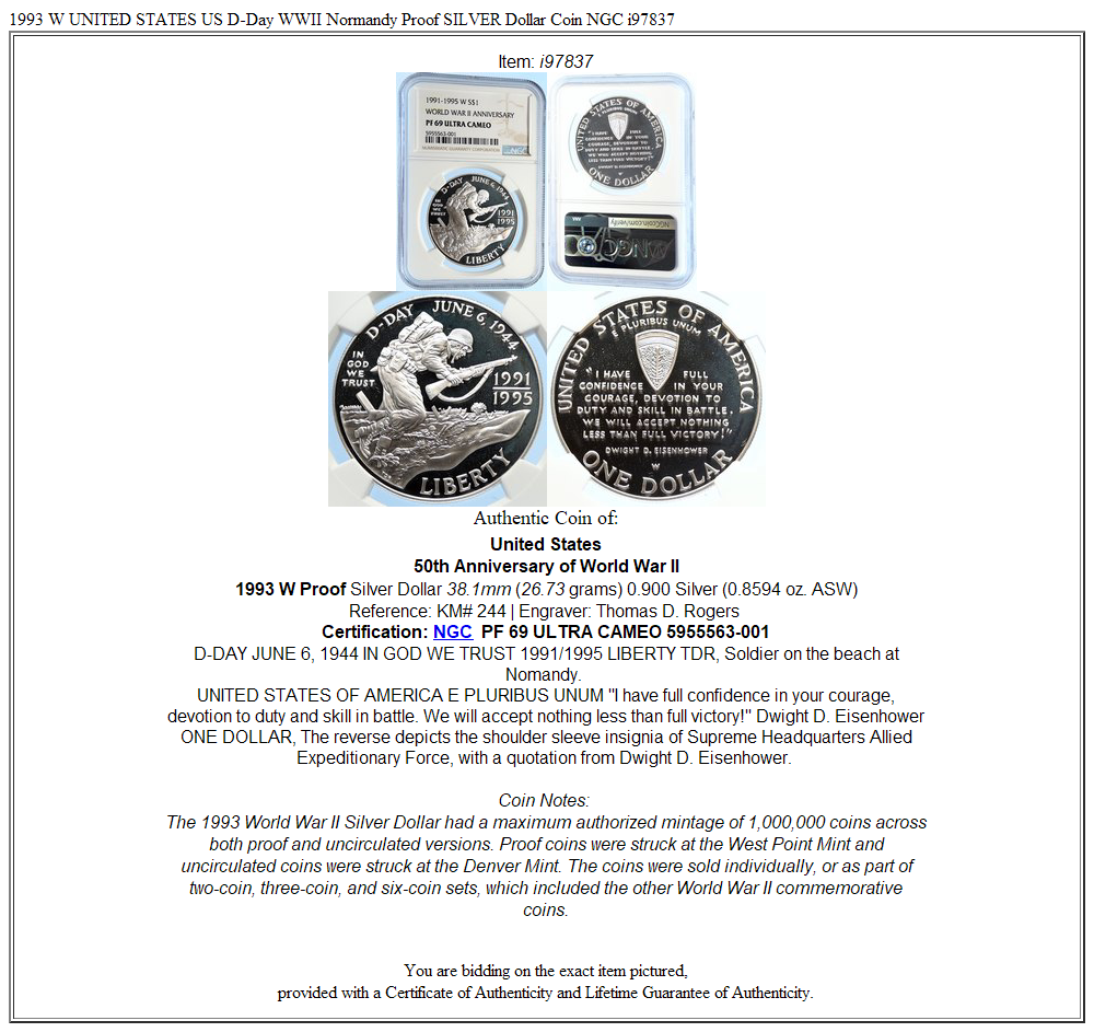 1993 W UNITED STATES US D-Day WWII Normandy Proof SILVER Dollar Coin NGC i97837