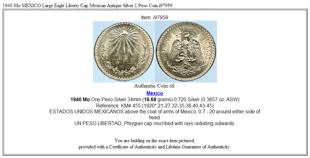 1940 Mo MEXICO Large Eagle Liberty Cap Mexican Antique Silver 1 Peso Coin i97959