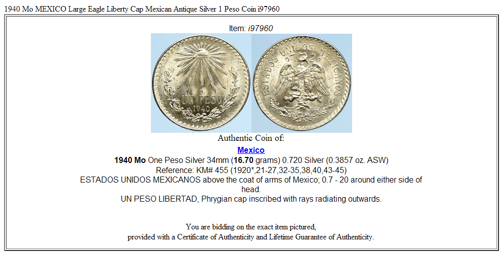 1940 Mo MEXICO Large Eagle Liberty Cap Mexican Antique Silver 1 Peso Coin i97960