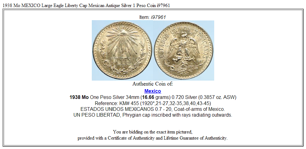 1938 Mo MEXICO Large Eagle Liberty Cap Mexican Antique Silver 1 Peso Coin i97961