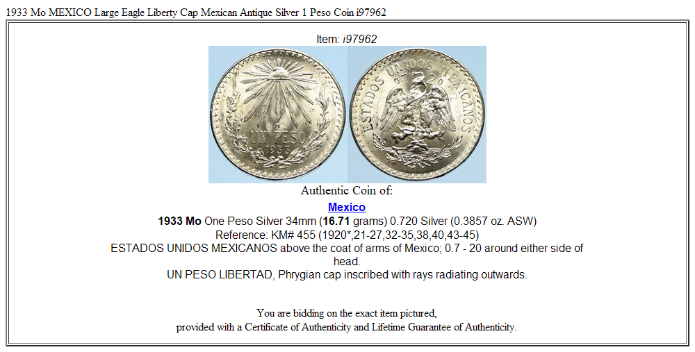 1933 Mo MEXICO Large Eagle Liberty Cap Mexican Antique Silver 1 Peso Coin i97962