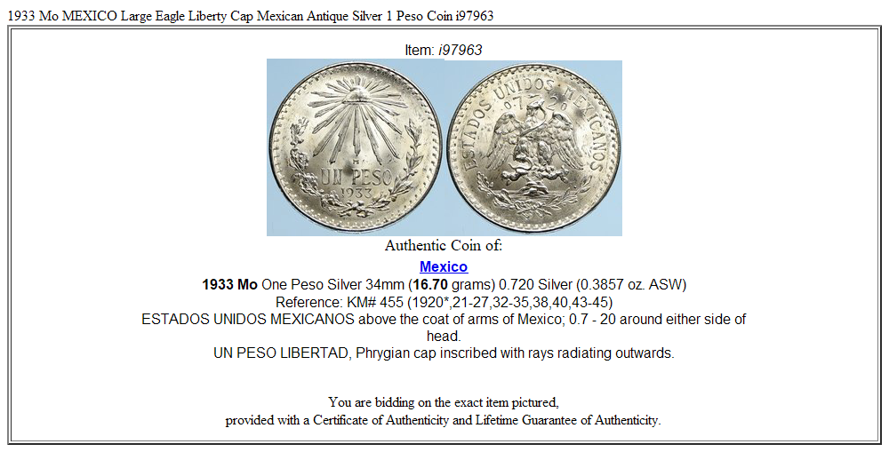 1933 Mo MEXICO Large Eagle Liberty Cap Mexican Antique Silver 1 Peso Coin i97963