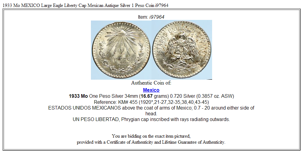 1933 Mo MEXICO Large Eagle Liberty Cap Mexican Antique Silver 1 Peso Coin i97964