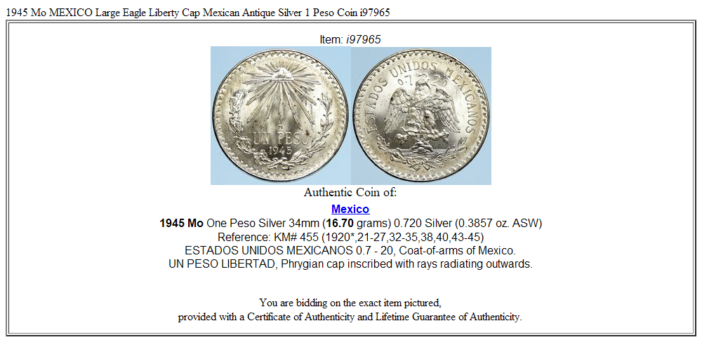 1945 Mo MEXICO Large Eagle Liberty Cap Mexican Antique Silver 1 Peso Coin i97965