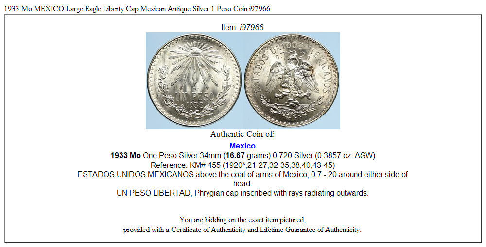 1933 Mo MEXICO Large Eagle Liberty Cap Mexican Antique Silver 1 Peso Coin i97966