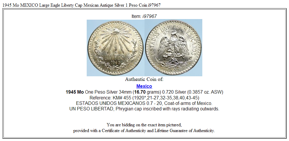 1945 Mo MEXICO Large Eagle Liberty Cap Mexican Antique Silver 1 Peso Coin i97967