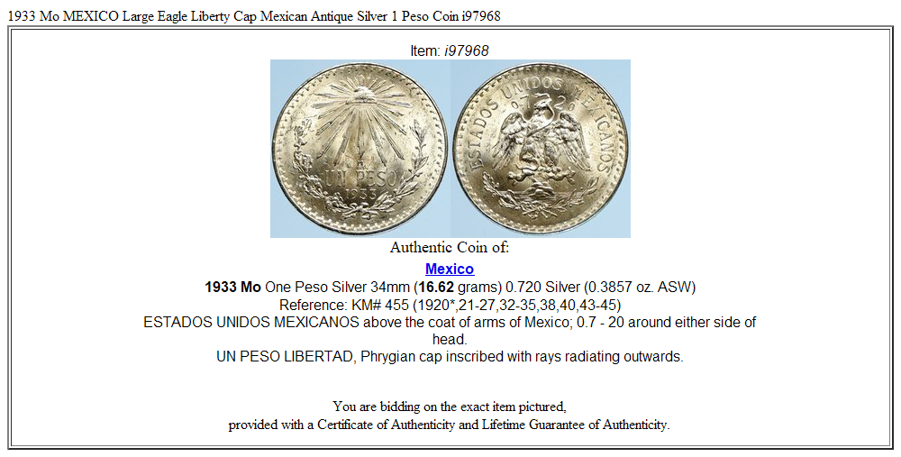 1933 Mo MEXICO Large Eagle Liberty Cap Mexican Antique Silver 1 Peso Coin i97968