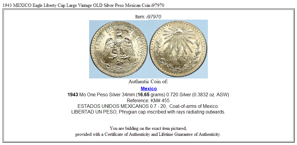 1943 MEXICO Eagle Liberty Cap Large Vintage OLD Silver Peso Mexican Coin i97970