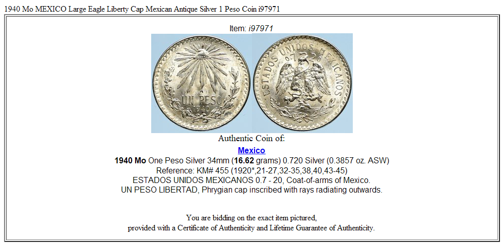 1940 Mo MEXICO Large Eagle Liberty Cap Mexican Antique Silver 1 Peso Coin i97971