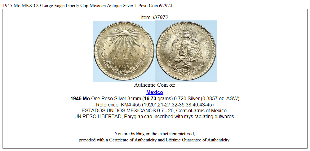 1945 Mo MEXICO Large Eagle Liberty Cap Mexican Antique Silver 1 Peso Coin i97972