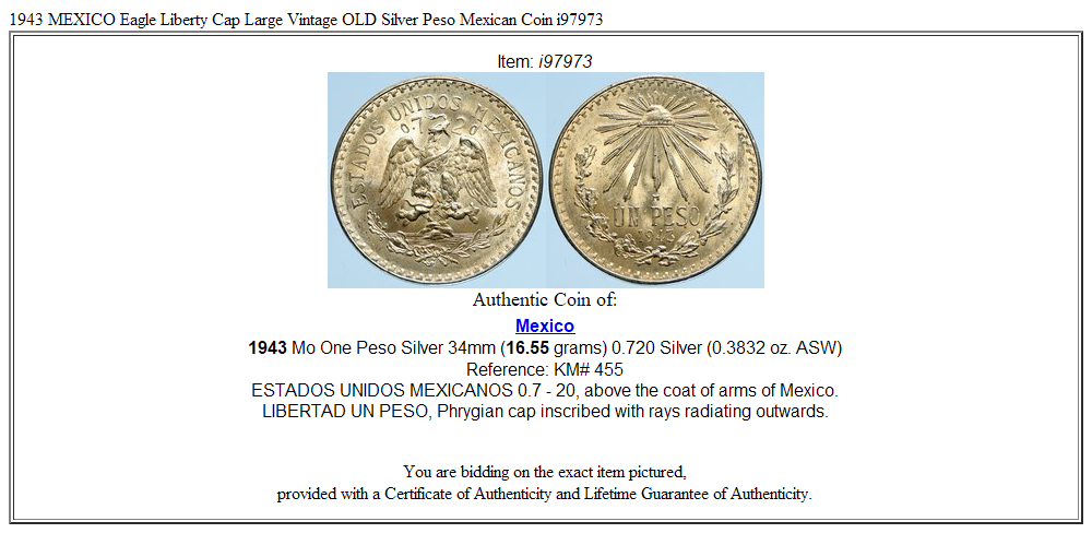 1943 MEXICO Eagle Liberty Cap Large Vintage OLD Silver Peso Mexican Coin i97973