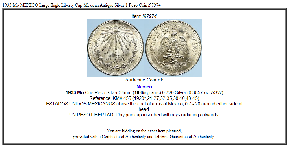 1933 Mo MEXICO Large Eagle Liberty Cap Mexican Antique Silver 1 Peso Coin i97974