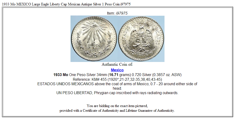 1933 Mo MEXICO Large Eagle Liberty Cap Mexican Antique Silver 1 Peso Coin i97975