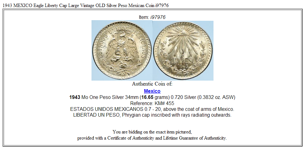 1943 MEXICO Eagle Liberty Cap Large Vintage OLD Silver Peso Mexican Coin i97976