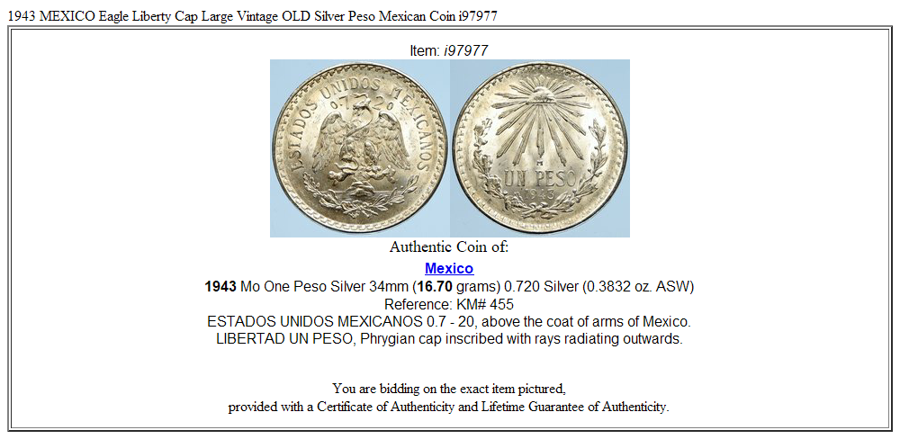 1943 MEXICO Eagle Liberty Cap Large Vintage OLD Silver Peso Mexican Coin i97977