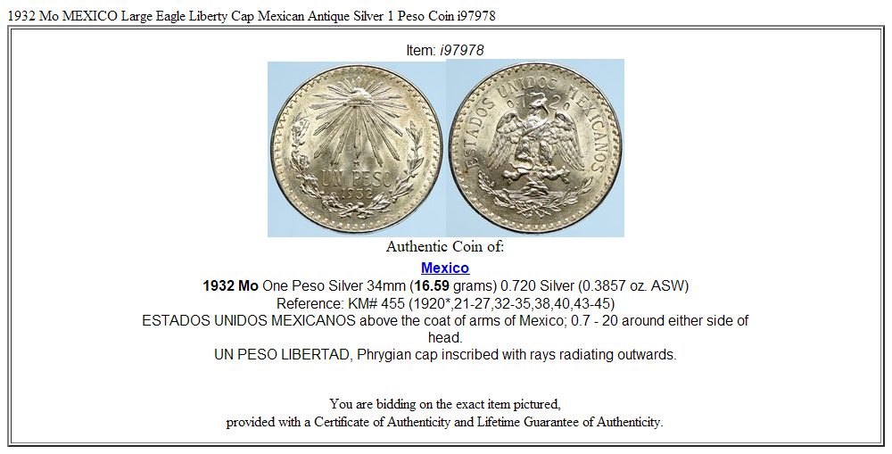 1932 Mo MEXICO Large Eagle Liberty Cap Mexican Antique Silver 1 Peso Coin i97978