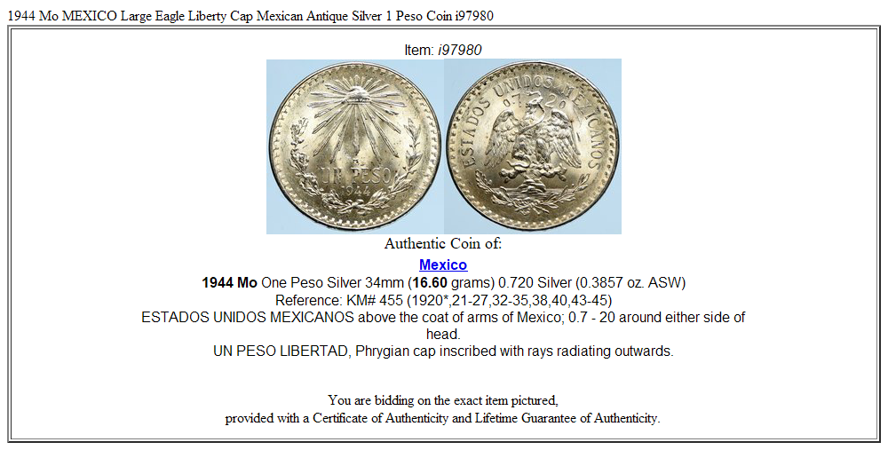 1944 Mo MEXICO Large Eagle Liberty Cap Mexican Antique Silver 1 Peso Coin i97980