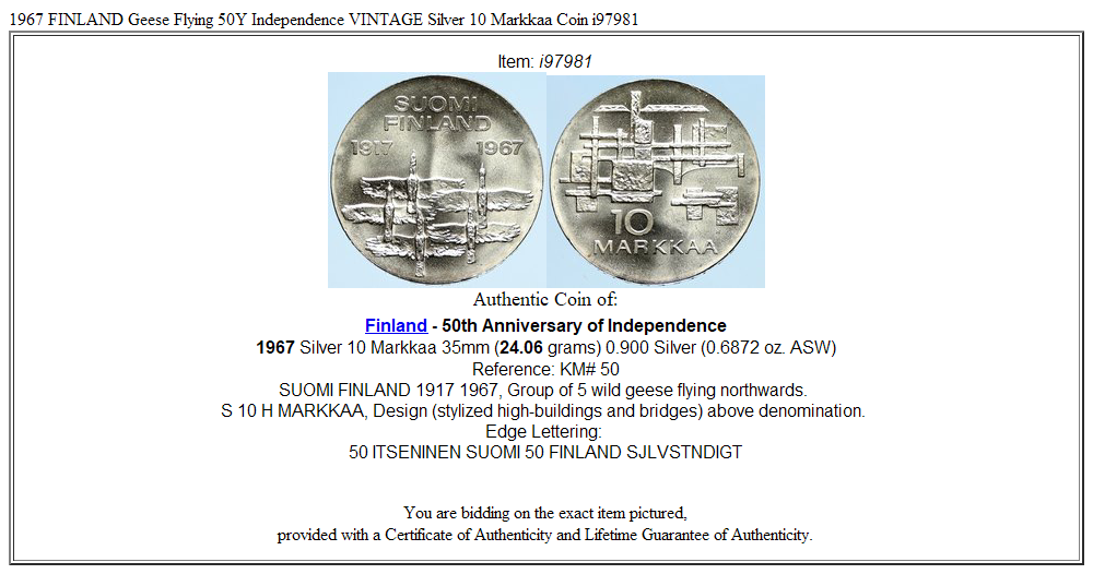 1967 FINLAND Geese Flying 50Y Independence VINTAGE Silver 10 Markkaa Coin i97981
