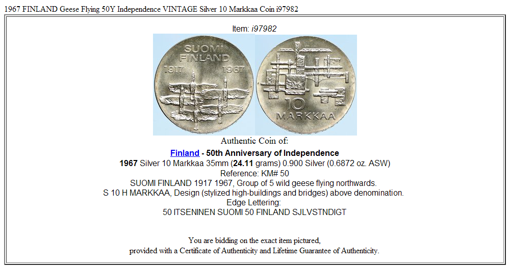 1967 FINLAND Geese Flying 50Y Independence VINTAGE Silver 10 Markkaa Coin i97982