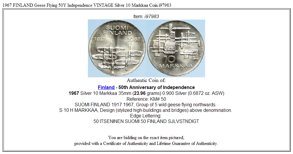 1967 FINLAND Geese Flying 50Y Independence VINTAGE Silver 10 Markkaa Coin i97983