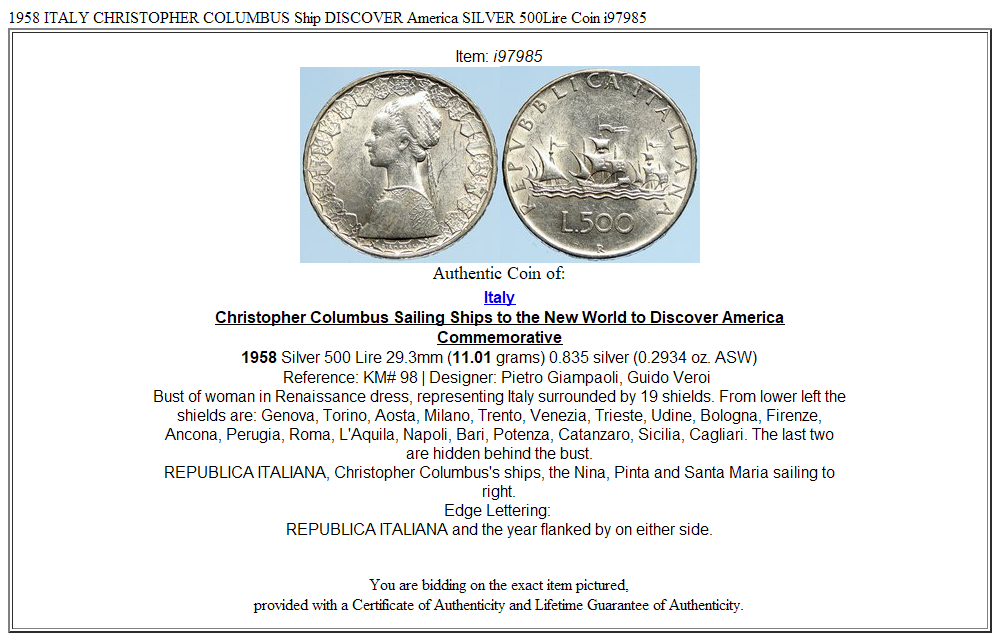 1958 ITALY CHRISTOPHER COLUMBUS Ship DISCOVER America SILVER 500Lire Coin i97985