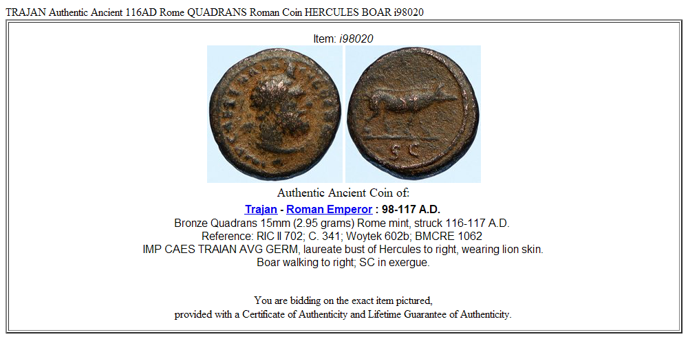 TRAJAN Authentic Ancient 116AD Rome QUADRANS Roman Coin HERCULES BOAR i98020