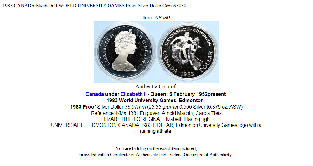 1983 CANADA Elizabeth II WORLD UNIVERSITY GAMES Proof Silver Dollar Coin i98080