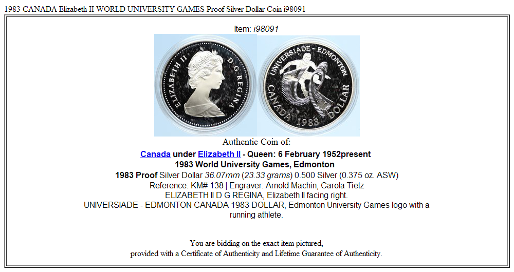 1983 CANADA Elizabeth II WORLD UNIVERSITY GAMES Proof Silver Dollar Coin i98091