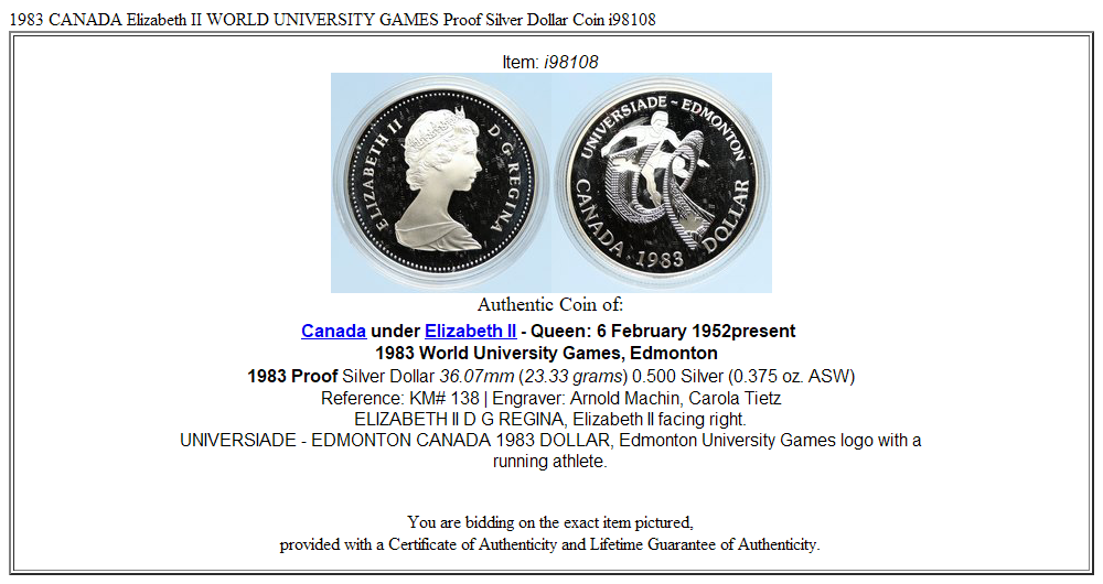 1983 CANADA Elizabeth II WORLD UNIVERSITY GAMES Proof Silver Dollar Coin i98108