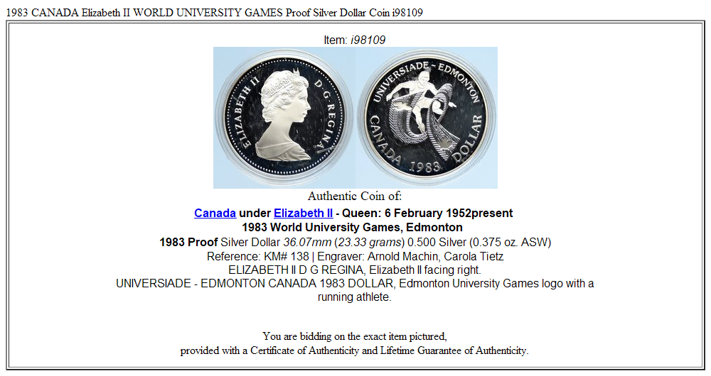 1983 CANADA Elizabeth II WORLD UNIVERSITY GAMES Proof Silver Dollar Coin i98109