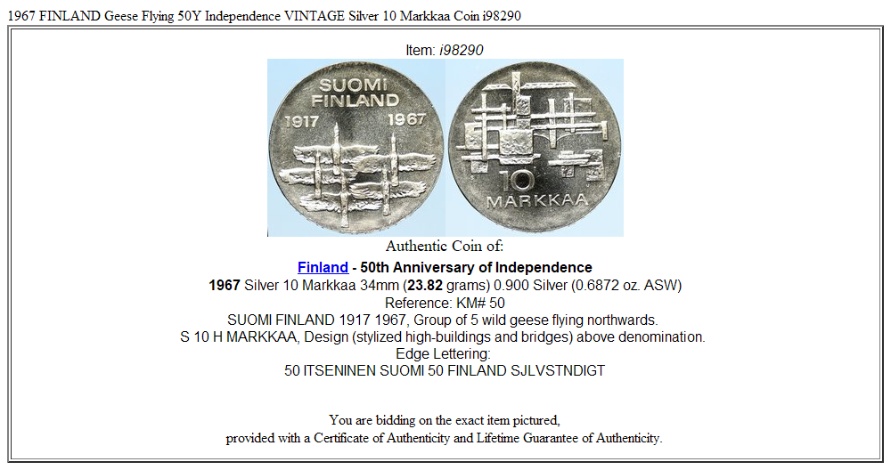 1967 FINLAND Geese Flying 50Y Independence VINTAGE Silver 10 Markkaa Coin i98290