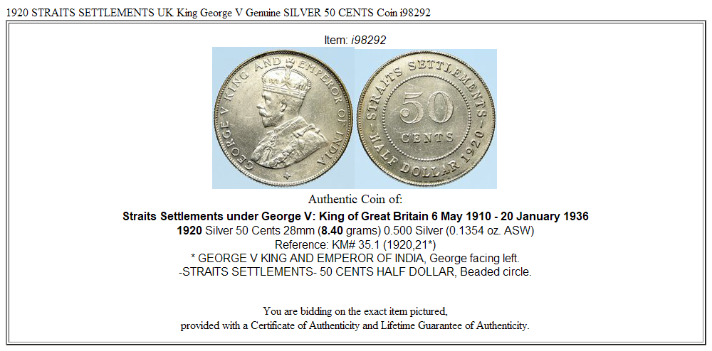 1920 STRAITS SETTLEMENTS UK King George V Genuine SILVER 50 CENTS Coin i98292