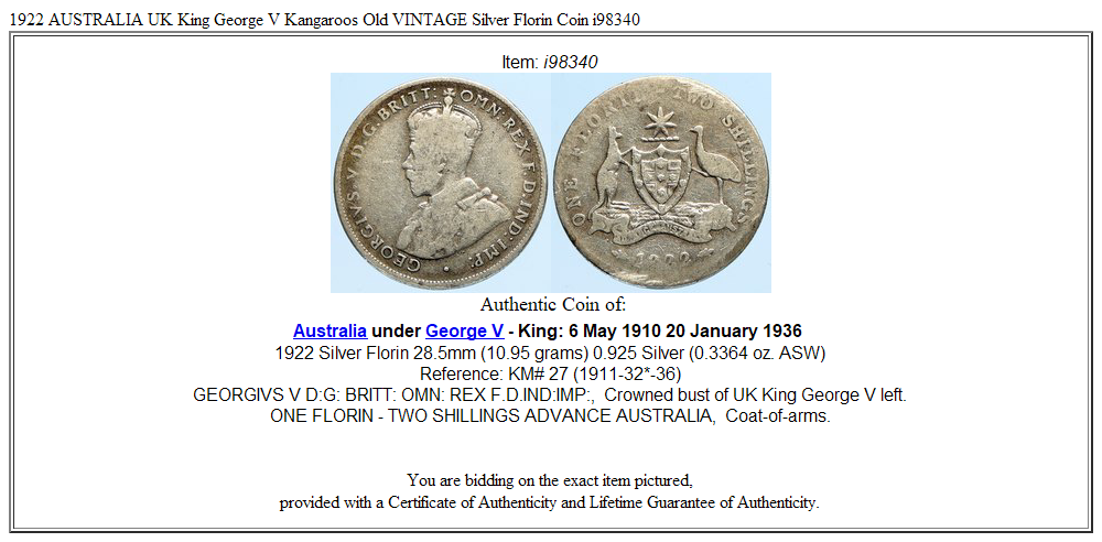 1922 AUSTRALIA UK King George V Kangaroos Old VINTAGE Silver Florin Coin i98340