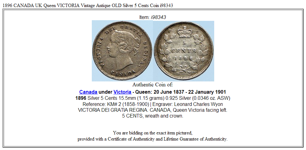 1896 CANADA UK Queen VICTORIA Vintage Antique OLD Silver 5 Cents Coin i98343