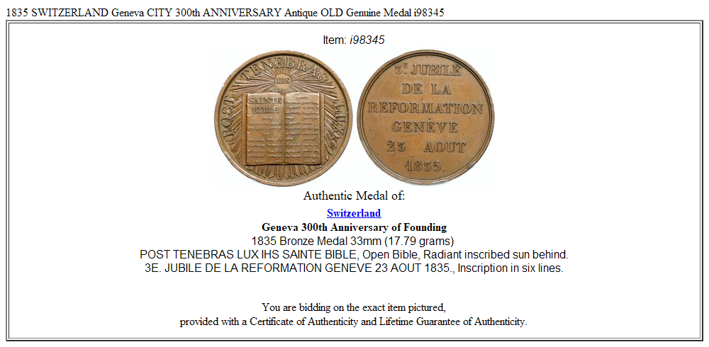 1835 SWITZERLAND Geneva CITY 300th ANNIVERSARY Antique OLD Genuine Medal i98345