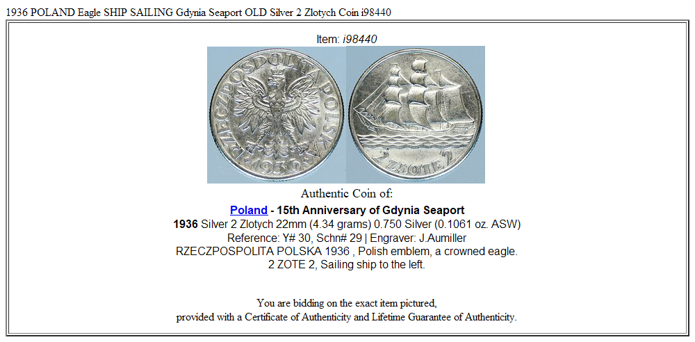 1936 POLAND Eagle SHIP SAILING Gdynia Seaport OLD Silver 2 Zlotych Coin i98440