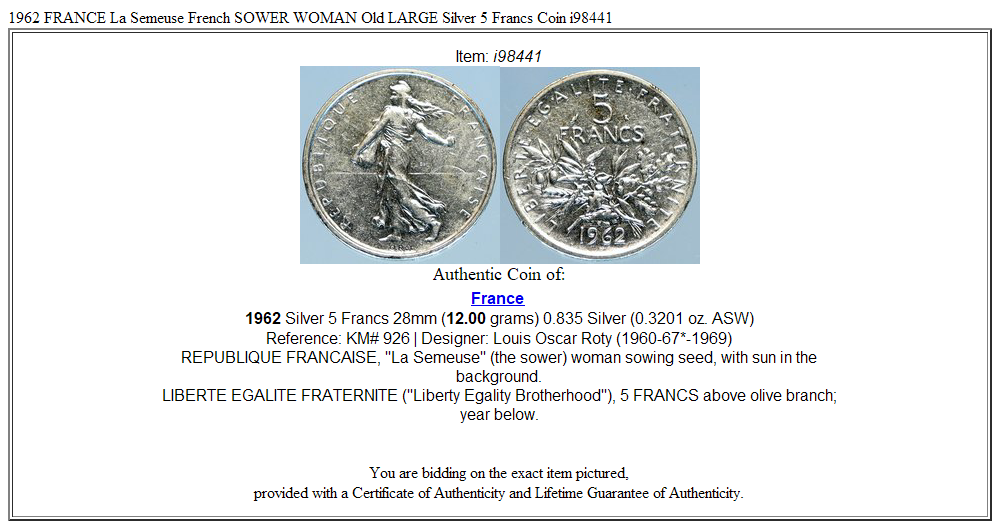 1962 FRANCE La Semeuse French SOWER WOMAN Old LARGE Silver 5 Francs Coin i98441