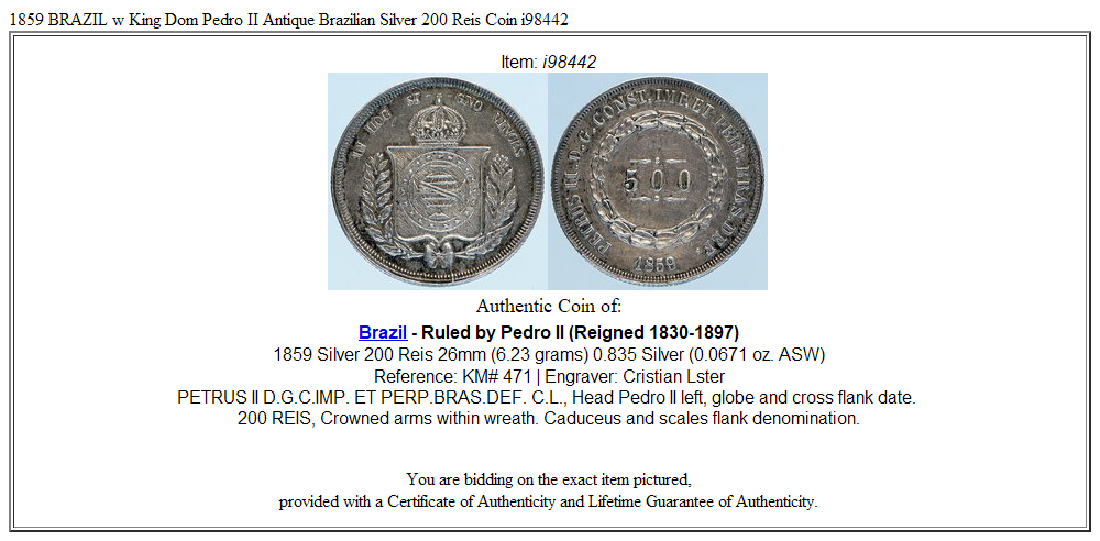 1859 BRAZIL w King Dom Pedro II Antique Brazilian Silver 200 Reis Coin i98442
