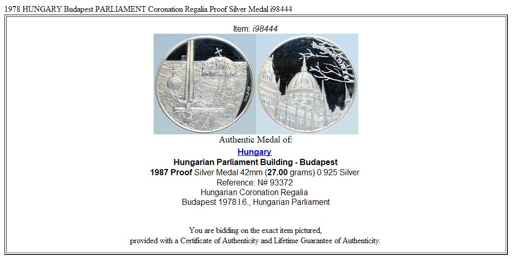 1978 HUNGARY Budapest PARLIAMENT Coronation Regalia Proof Silver Medal i98444