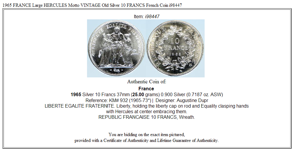 1965 FRANCE Large HERCULES Motto VINTAGE Old Silver 10 FRANCS French Coin i98447