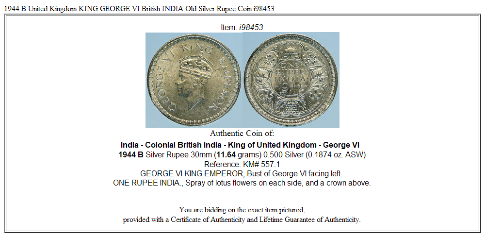 1944 B United Kingdom KING GEORGE VI British INDIA Old Silver Rupee Coin i98453